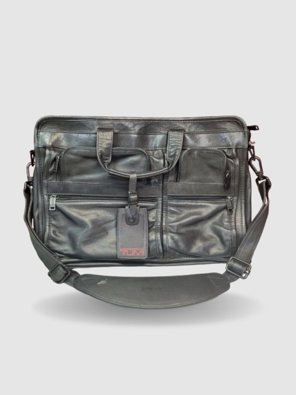 TUMI Style #904D Expandable Organizer Briefcase Black Full-Grain Napa Leather